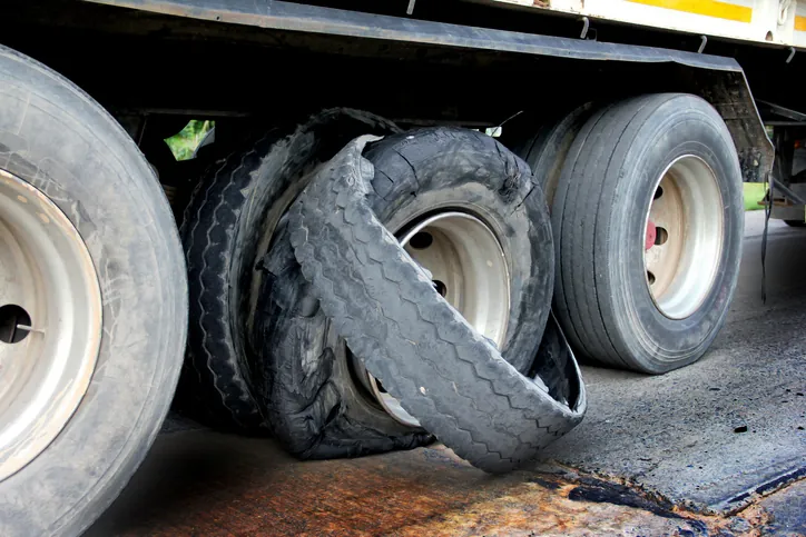 a commercial vehicle with a tire blowout