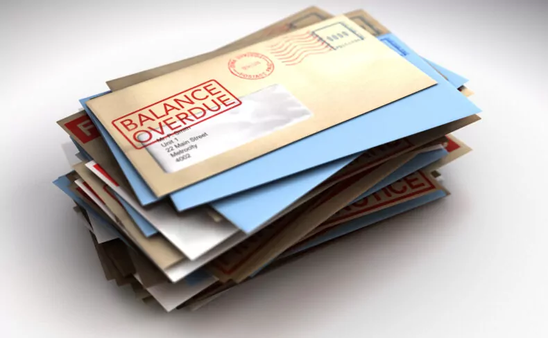 A pile of envelopes with delivery stamps saying balance overdue symbolizing bills and debt on an isolated white background that can be included in neck injury settlement, related to the average settlement for car accidents 