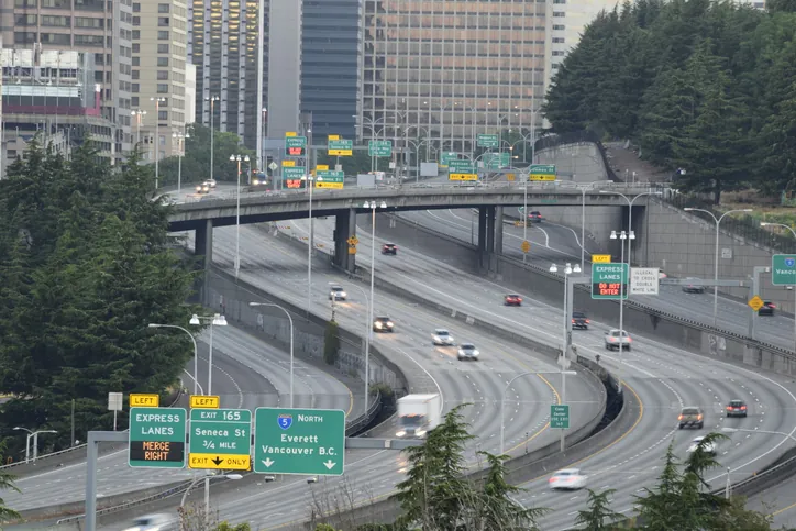 freeway in Seattle, Washington with moving cars and other motor vehicles