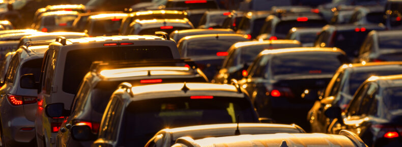 Heavy traffic jam during rush hour at sunset or dawn in Glendale, Arizona