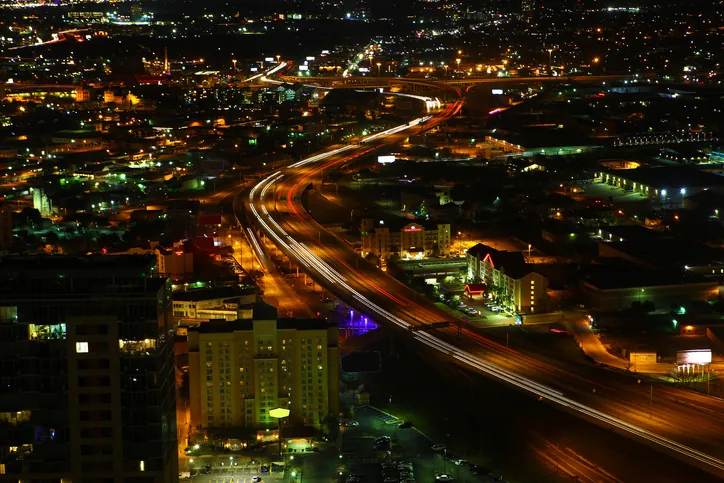 Aerial of San Antonio expressways at night