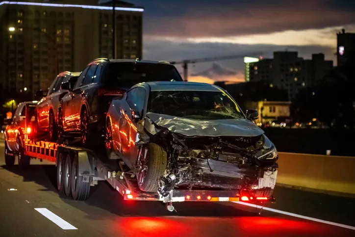 wrecked car on tow truck